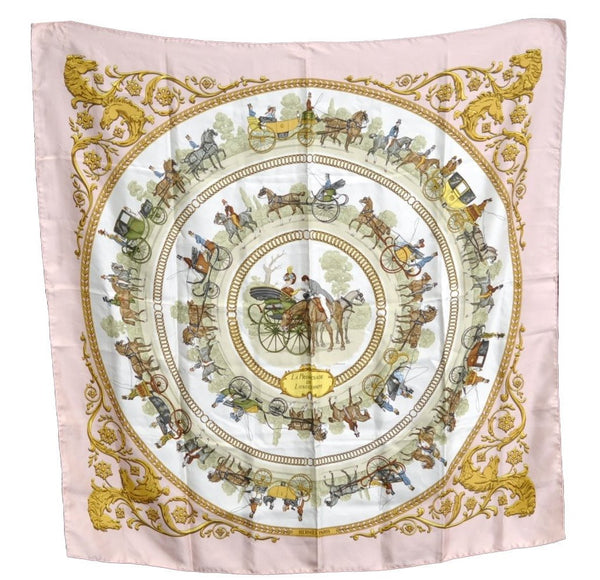 Authentic HERMES Carre 90 Scarf "LA PROMENADE DE LONGCHAMPS" Silk Pink K4342