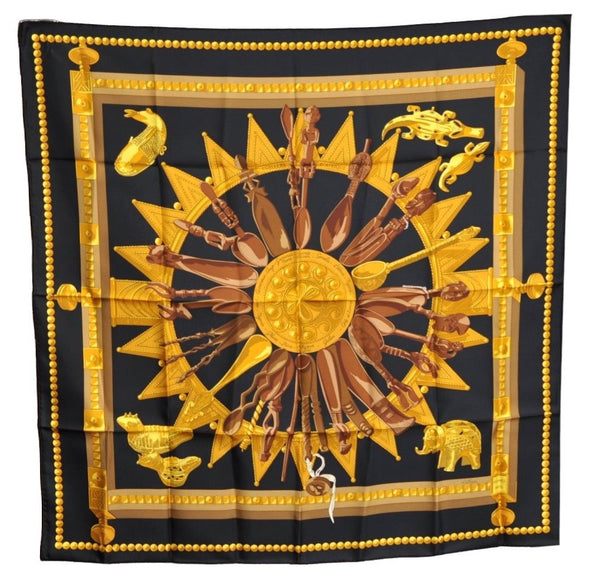 Authentic HERMES Carre 90 Scarf "CUILLERS D'AFRIQUE" Silk Black Paper Bag K4343