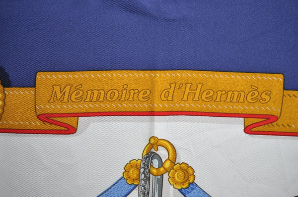 Authentic HERMES Carre 90 Scarf "Memoire d'Hermes" Silk Blue K4347