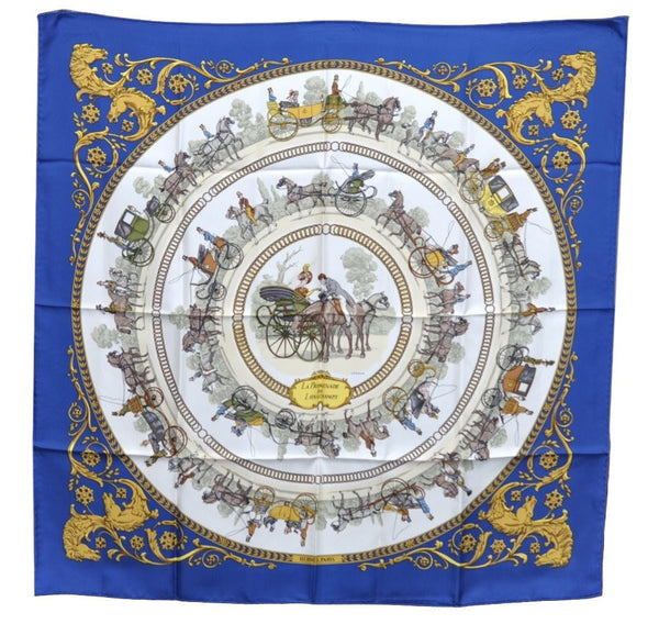 Authentic HERMES Carre 90 Scarf "LA PROMENADE DE LONGCHAMPS" Silk Blue K4352