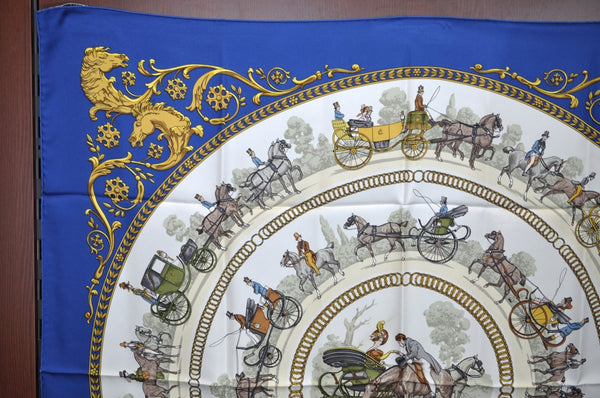 Authentic HERMES Carre 90 Scarf "LA PROMENADE DE LONGCHAMPS" Silk Blue K4352