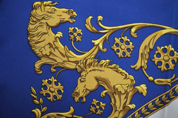 Authentic HERMES Carre 90 Scarf "LA PROMENADE DE LONGCHAMPS" Silk Blue K4352