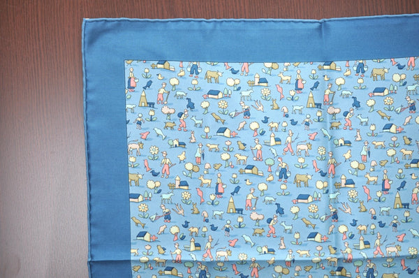 Authentic HERMES Petit Carre 40 Scarf Human and Animals Silk Blue K4354