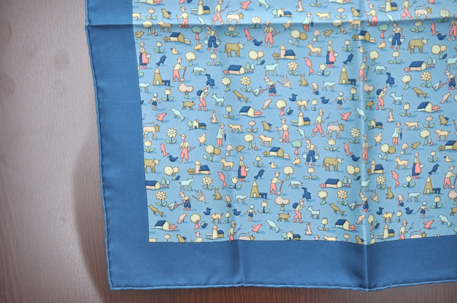 Authentic HERMES Petit Carre 40 Scarf Human and Animals Silk Blue K4354