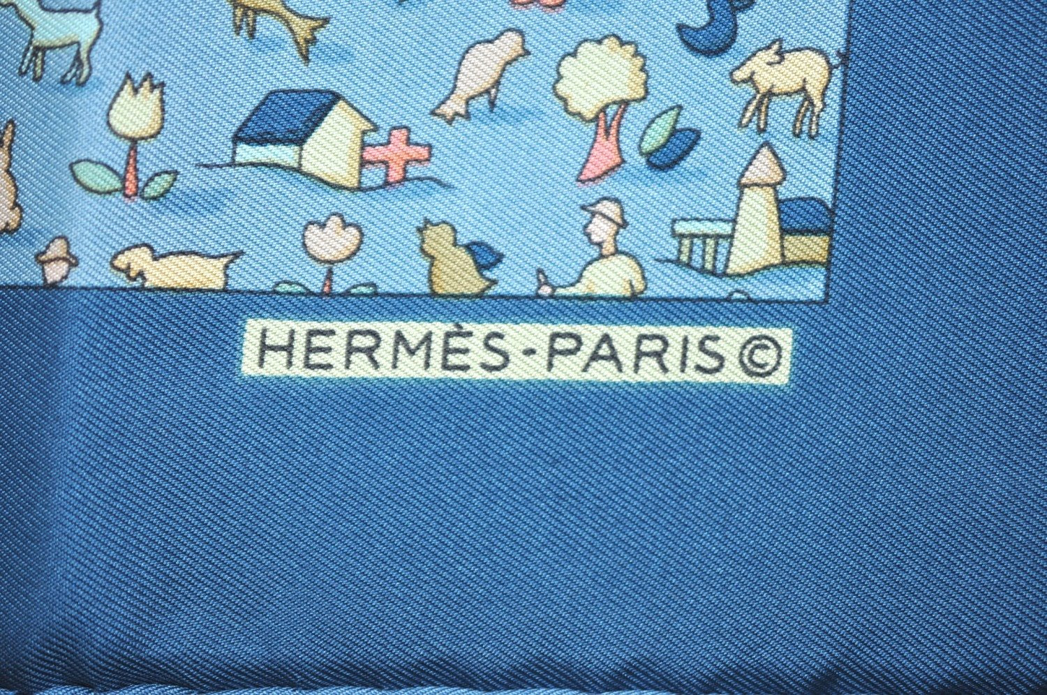 Authentic HERMES Petit Carre 40 Scarf Human and Animals Silk Blue K4354