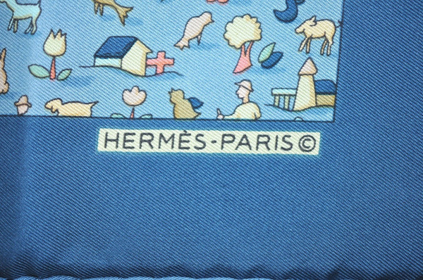 Authentic HERMES Petit Carre 40 Scarf Human and Animals Silk Blue K4354