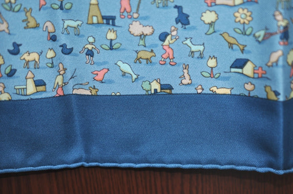 Authentic HERMES Petit Carre 40 Scarf Human and Animals Silk Blue K4354