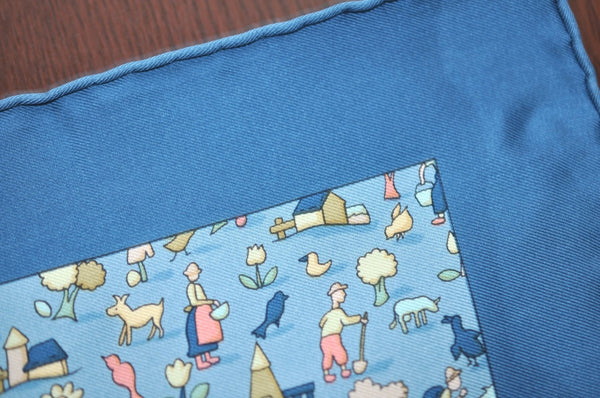 Authentic HERMES Petit Carre 40 Scarf Human and Animals Silk Blue K4354