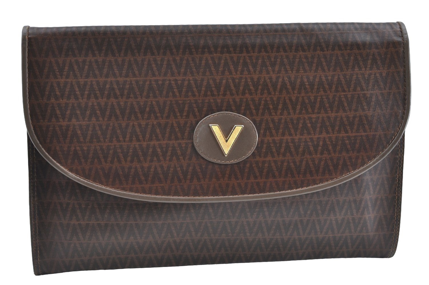 Authentic MARIO VALENTINO V Logo Clutch Hand Bag Purse PVC Leather Brown K4364