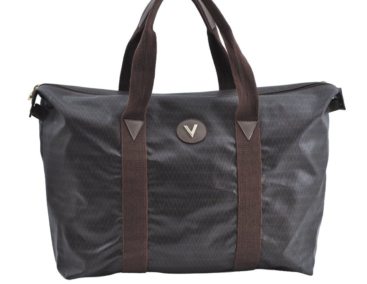 Authentic MARIO VALENTINO V Logo Travel Boston Bag PVC Leather Brown K4365