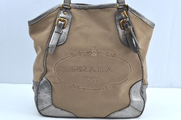 Authentic PRADA Canvas Leather Logo Shoulder Tote Bag Beige Silver K4448