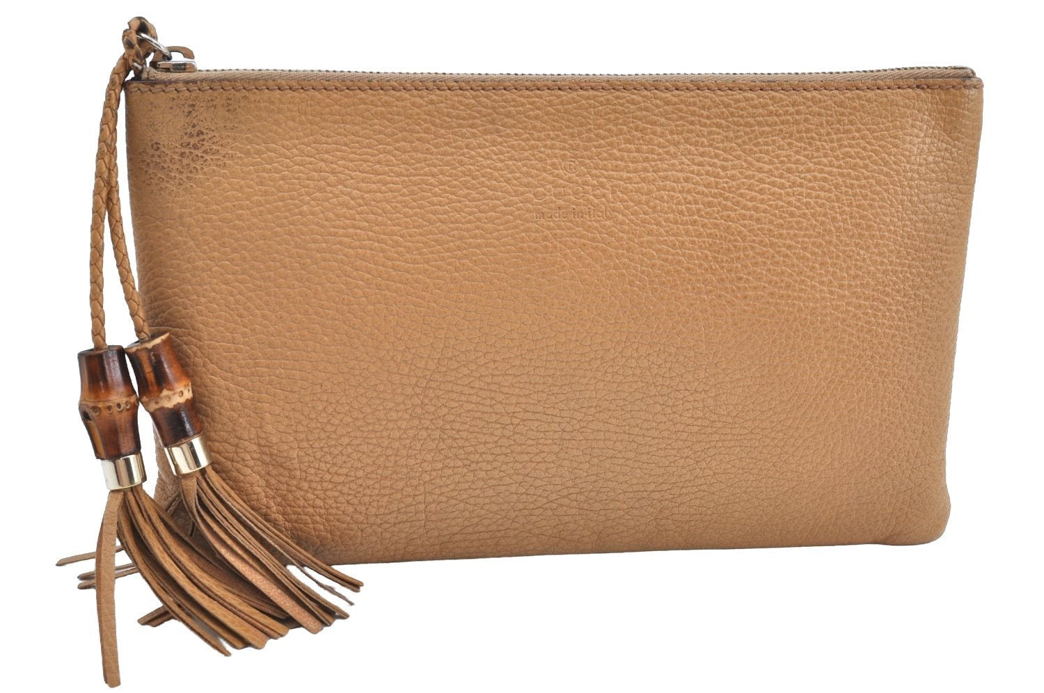 Authentic GUCCI Bamboo Tassel Clutch Bag Pouch Purse Leather 376854 Beige K4450