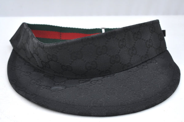 Authentic GUCCI Web Sherry Line Sun Visor GG Canvas Leather Size S Black K4458