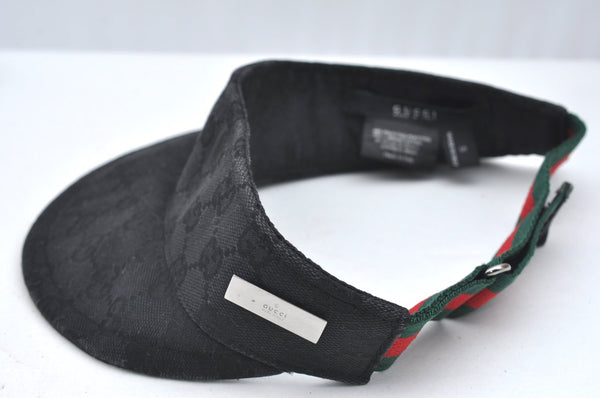 Authentic GUCCI Web Sherry Line Sun Visor GG Canvas Leather Size S Black K4458