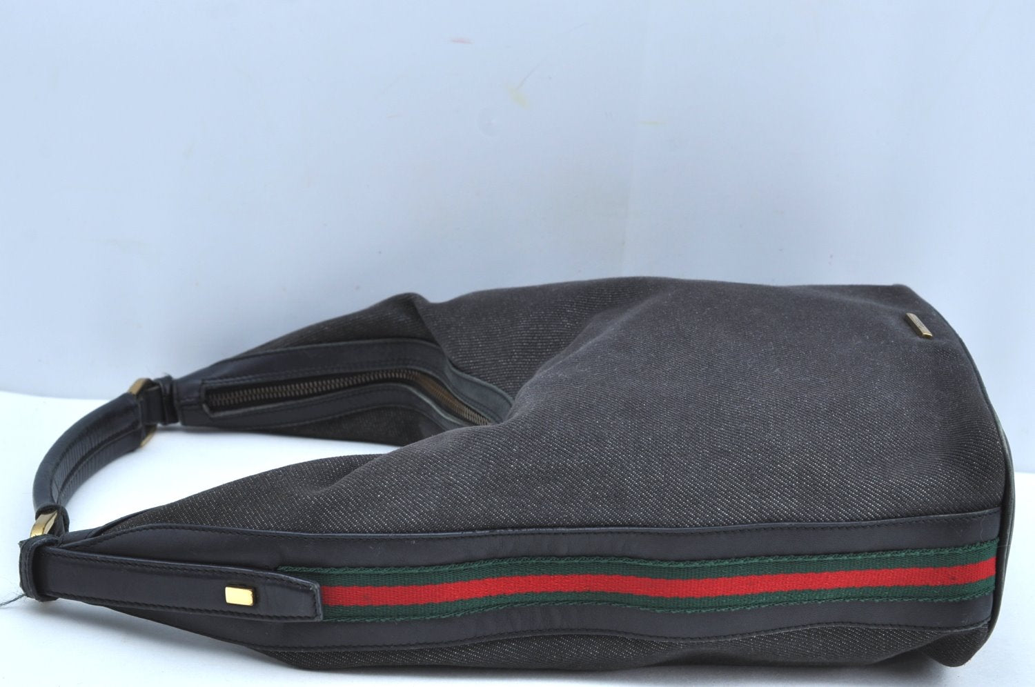 Authentic GUCCI Web Sherry Line Shoulder Bag Canvas Leather 73885 Black K4459