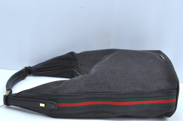 Authentic GUCCI Web Sherry Line Shoulder Bag Canvas Leather 73885 Black K4459