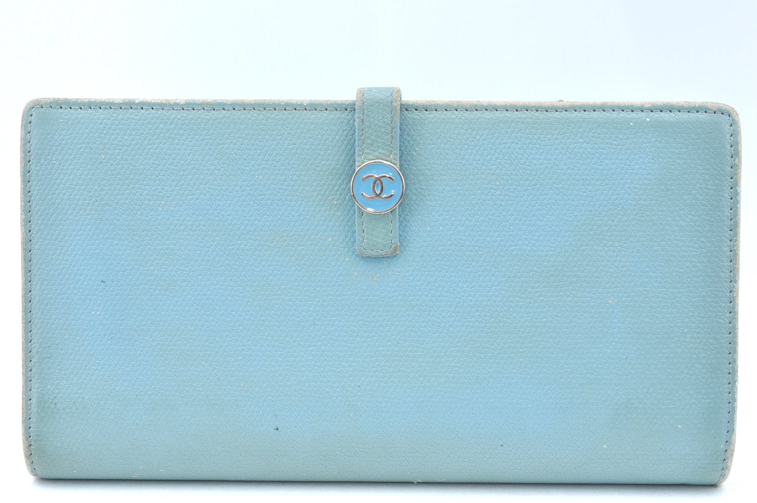 Authentic CHANEL Calf Skin CoCo Button Long Wallet Purse Light Blue K4474