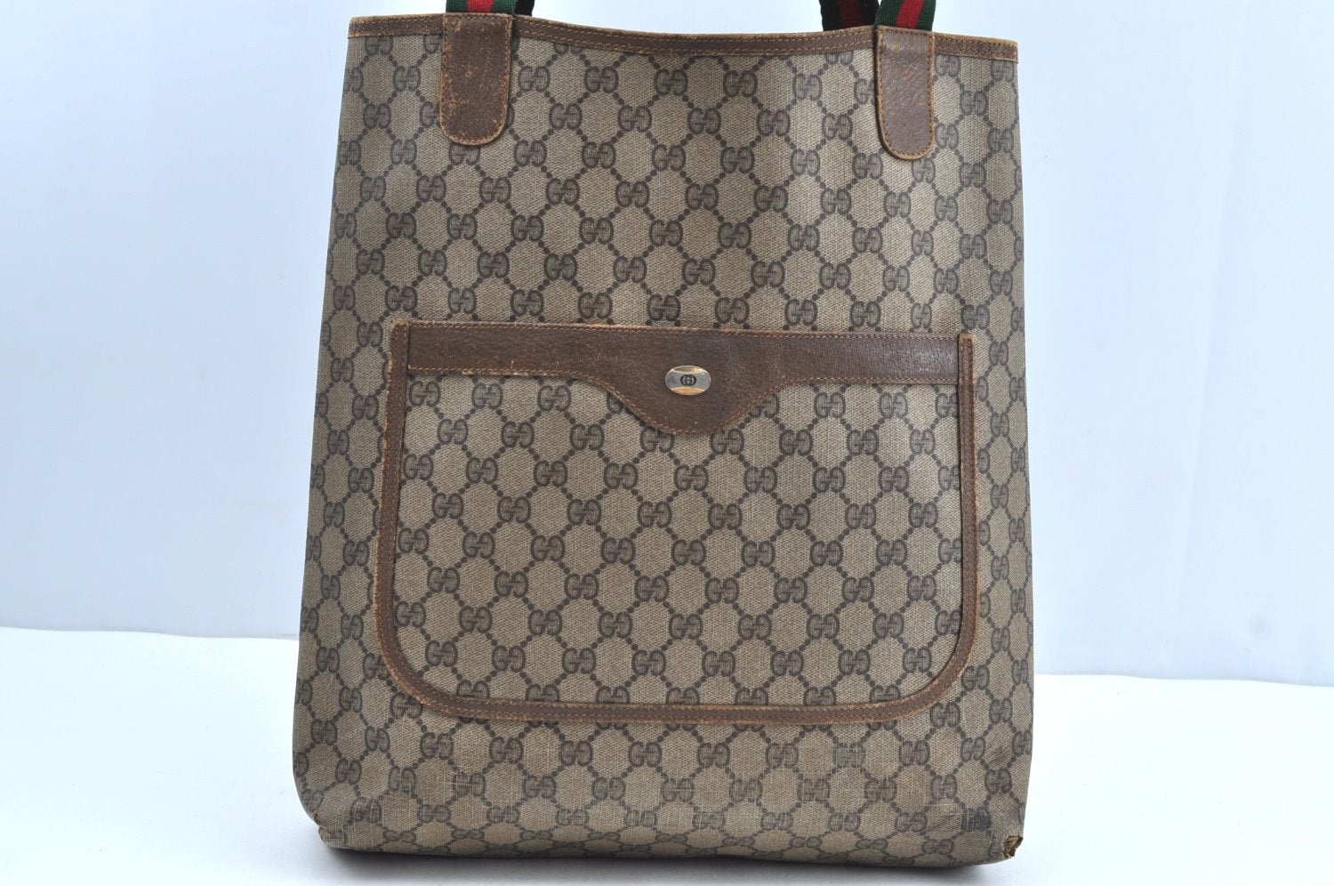 Authentic GUCCI Web Sherry Line Shoulder Tote Bag GG PVC Leather Brown K4475