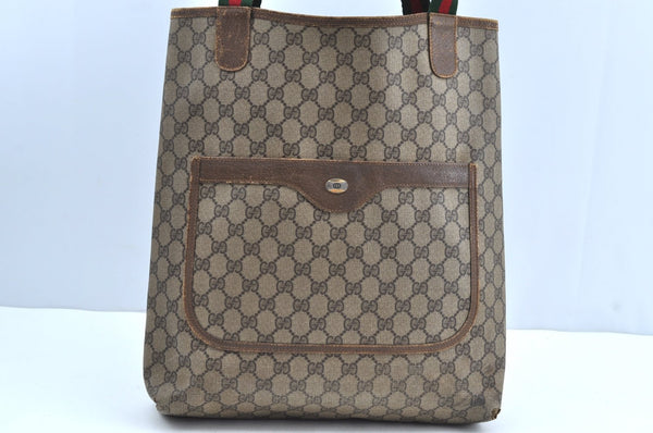 Authentic GUCCI Web Sherry Line Shoulder Tote Bag GG PVC Leather Brown K4475