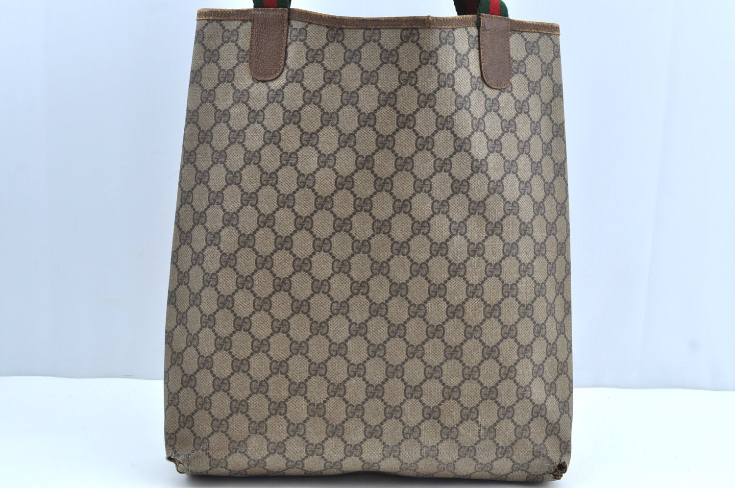 Authentic GUCCI Web Sherry Line Shoulder Tote Bag GG PVC Leather Brown K4475