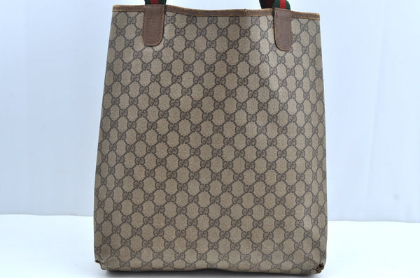 Authentic GUCCI Web Sherry Line Shoulder Tote Bag GG PVC Leather Brown K4475