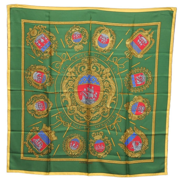 Authentic HERMES Carre 90 Scarf "Les Armes de Paris" Silk Yellow Green K4492