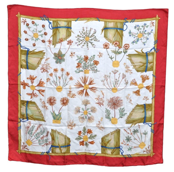 Authentic HERMES Carre 90 Scarf "Herbier de Gavarnie" Silk Red K4497