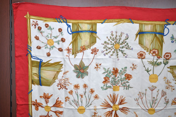 Authentic HERMES Carre 90 Scarf "Herbier de Gavarnie" Silk Red K4497