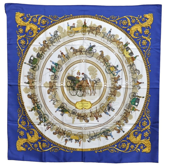 Authentic HERMES Carre 90 Scarf "LA PROMENADE DE LONGCHAMPS" Silk Navy K4501