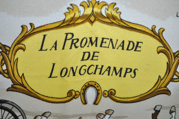 Authentic HERMES Carre 90 Scarf "LA PROMENADE DE LONGCHAMPS" Silk Navy K4501