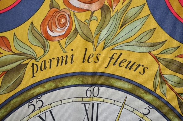 Authentic HERMES Carre 90 Scarf "parmi les fleurs je compte" Silk Black K4509