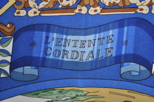 Authentic HERMES Carre 90 Scarf "L'ENTENTE CORDIALE" Silk Blue K4510