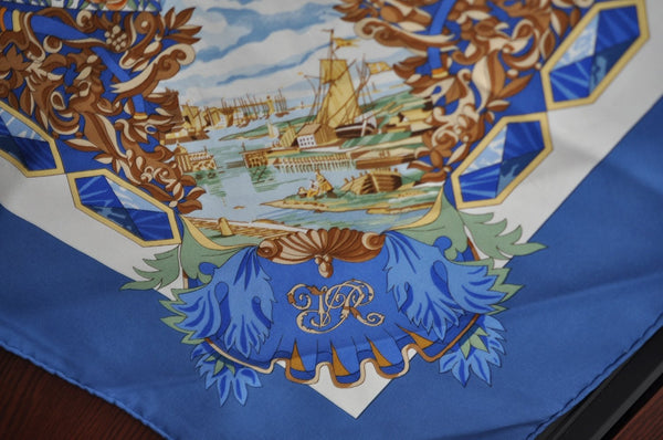 Authentic HERMES Carre 90 Scarf "L'ENTENTE CORDIALE" Silk Blue K4510