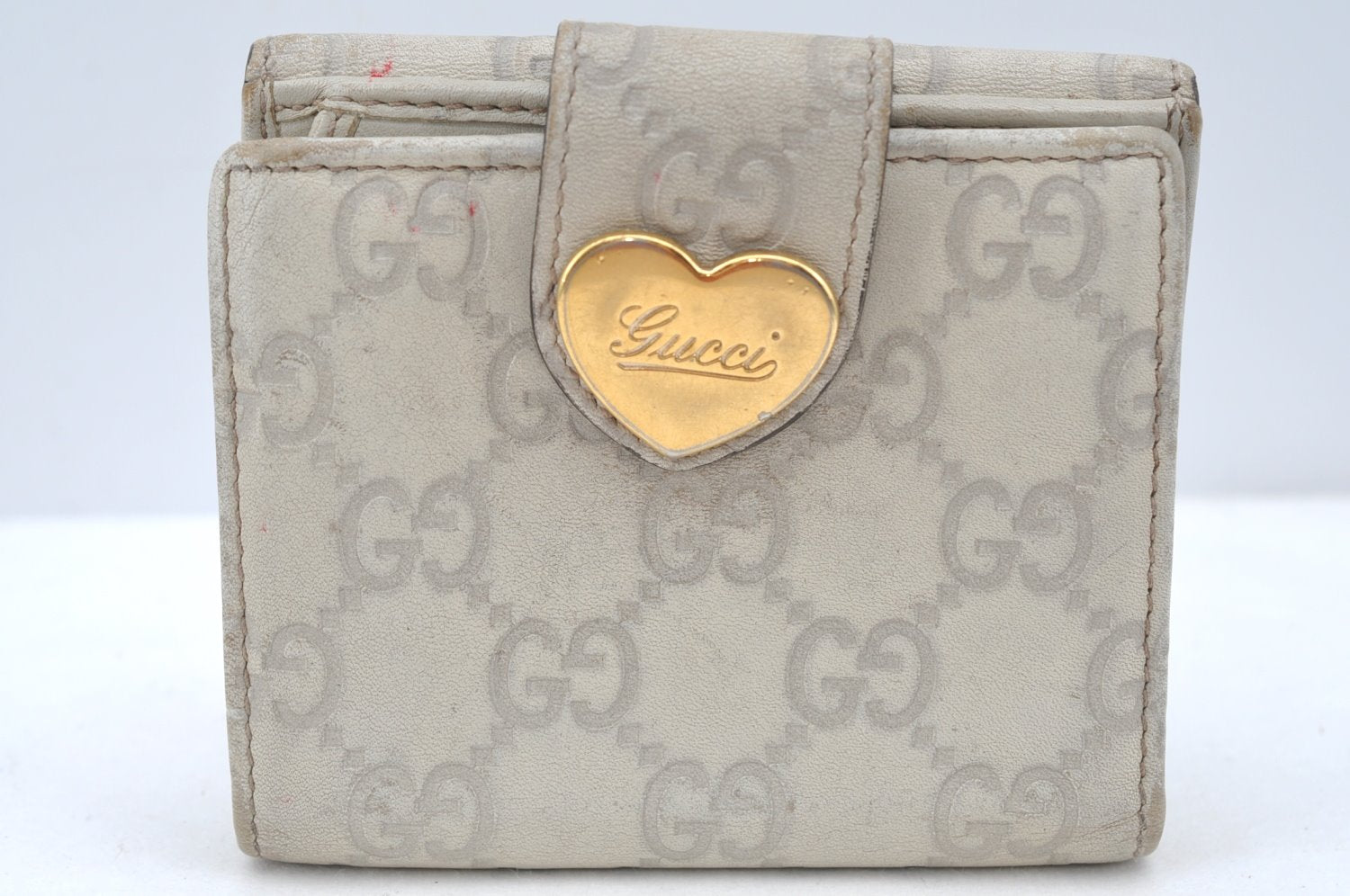 Auth GUCCI Lovely Heart Guccissima GG Leather Bifold Wallett 203548 White K4520