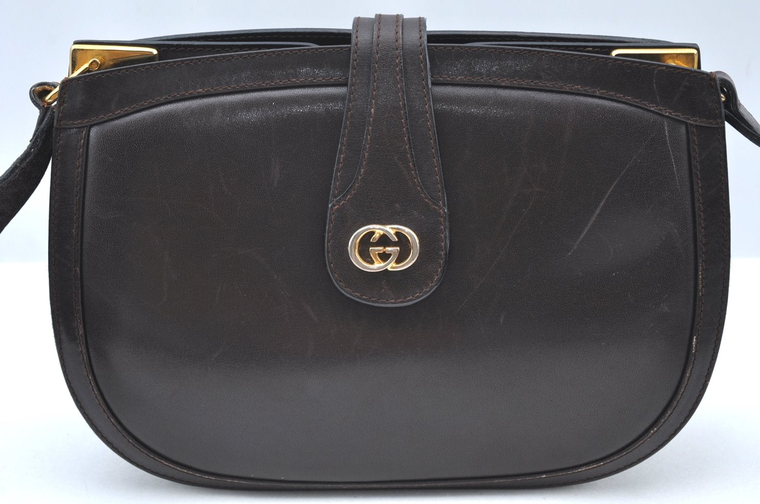 Authentic GUCCI Shoulder Cross Body Bag GG Leather Purse Brown K4533