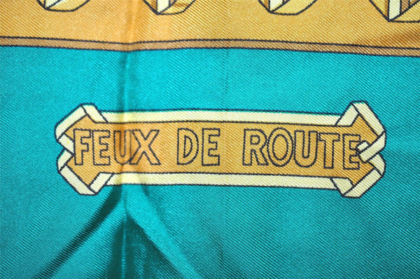 Authentic HERMES Carre 90 Scarf "FEUX DE ROUTE" Silk Green Box K4558