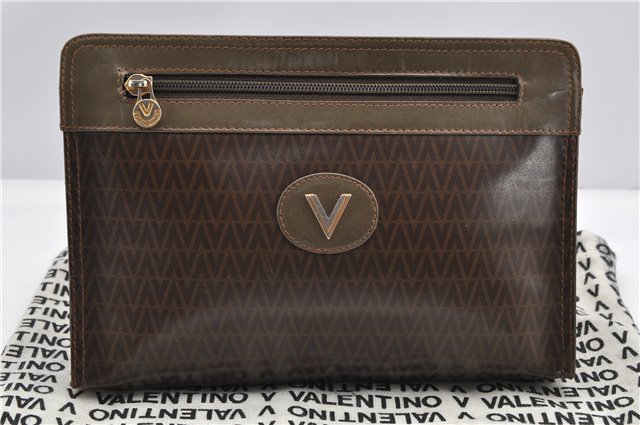 Authentic MARIO VALENTINO V Logo Clutch Hand Bag Purse PVC Leather Brown K4562