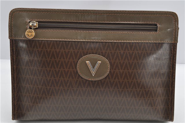 Authentic MARIO VALENTINO V Logo Clutch Hand Bag Purse PVC Leather Brown K4562