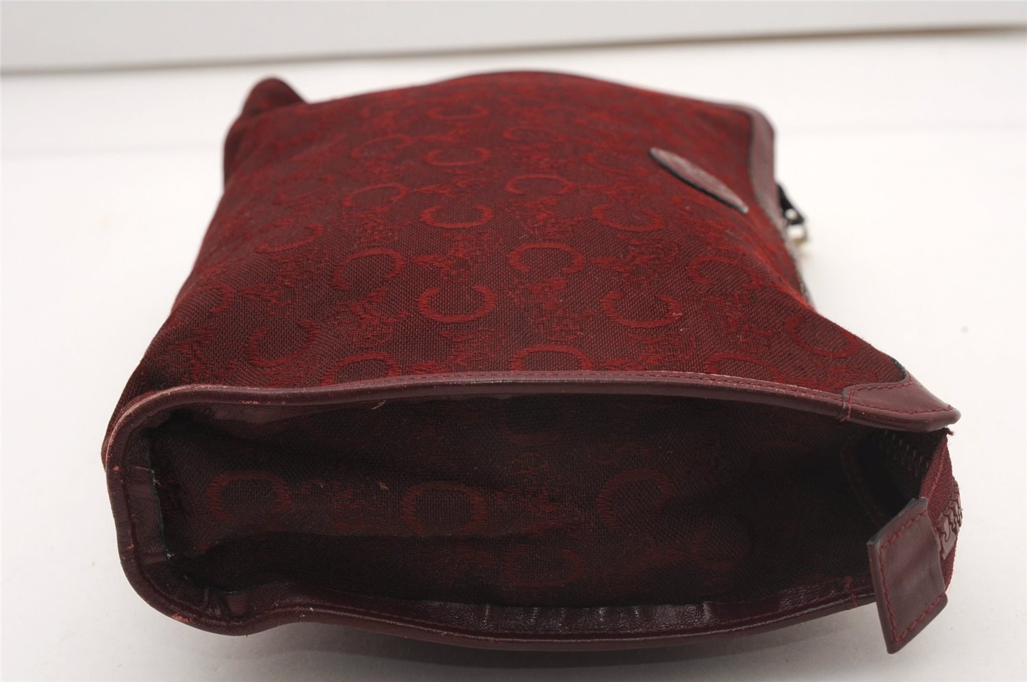 Authentic CELINE C Horse Carriage Clutch Hand Bag Canvas Leather Bordeaux K4569