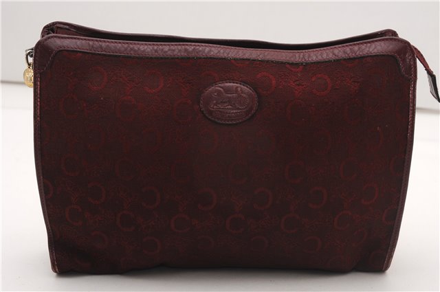 Authentic CELINE C Horse Carriage Clutch Hand Bag Canvas Leather Bordeaux K4569