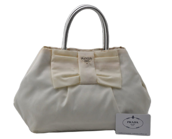 Authentic PRADA TESSUTO FIOCCO Ribbon Nylon Leather Hand Bag BN1601 White K4576