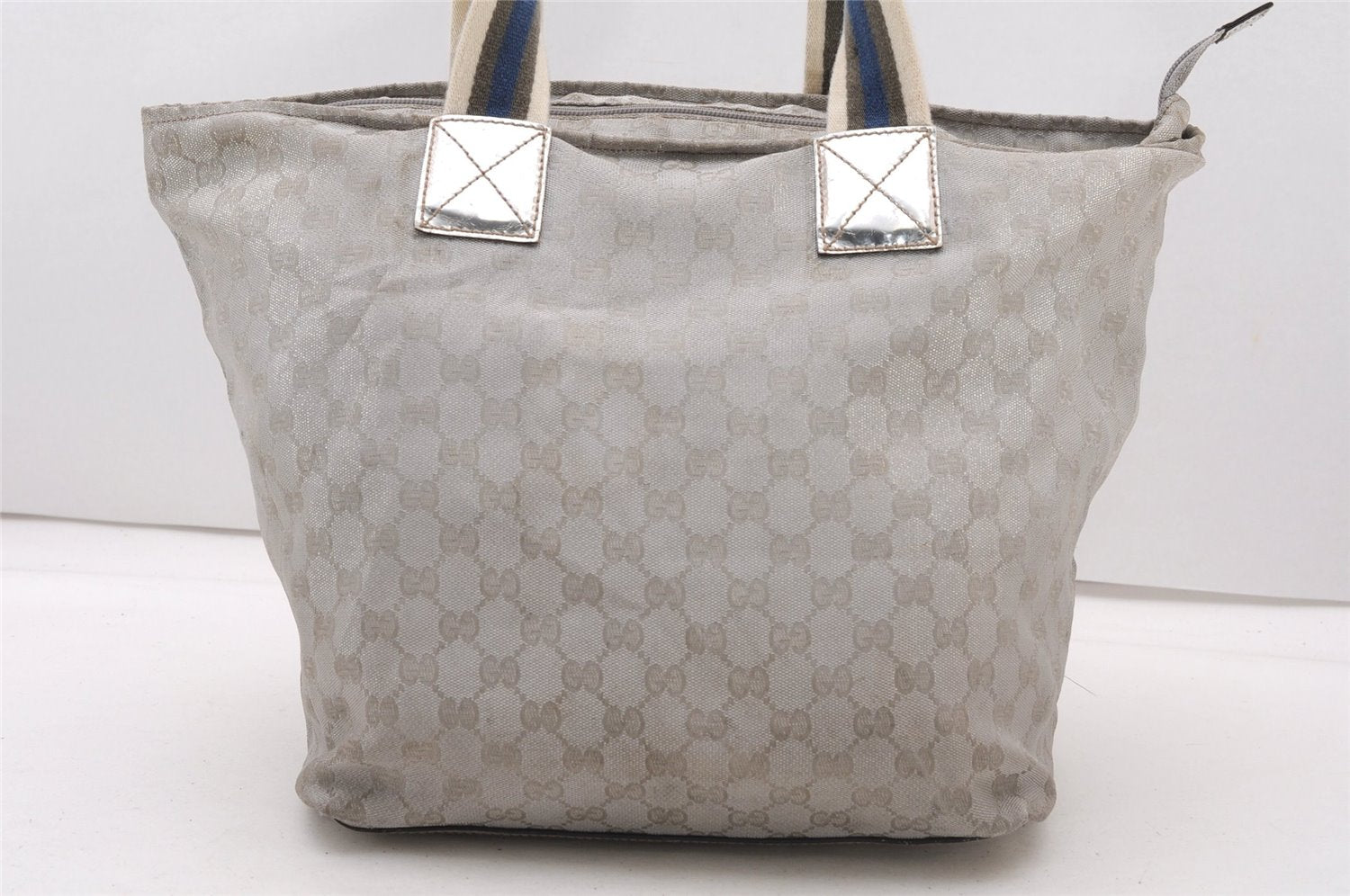 Authentic GUCCI Vintage Shoulder Tote Bag GG Canvas Leather 131231 Silver K4578