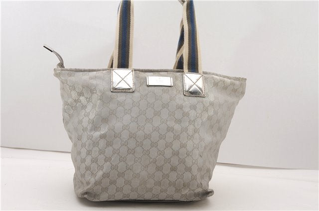 Authentic GUCCI Vintage Shoulder Tote Bag GG Canvas Leather 131231 Silver K4578