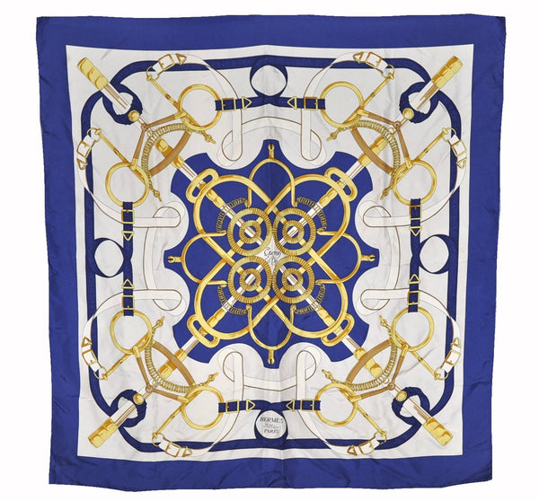 Authentic HERMES Carre 90 Scarf "Eperon d'or" Silk Blue K4584