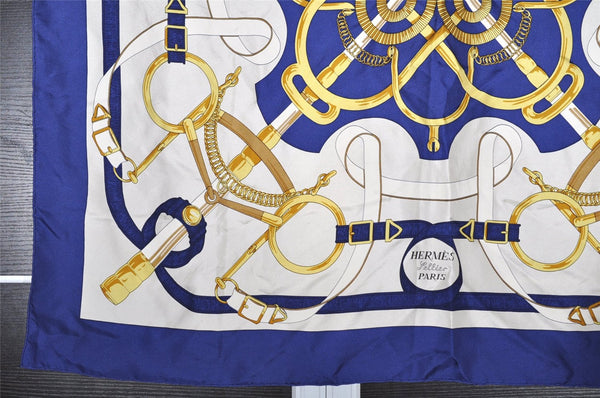 Authentic HERMES Carre 90 Scarf "Eperon d'or" Silk Blue K4584