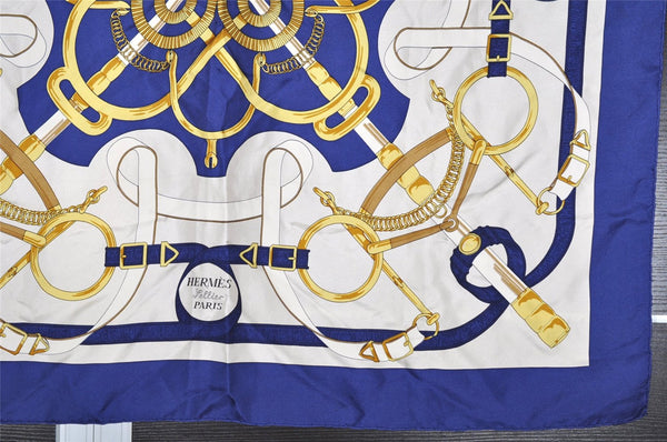 Authentic HERMES Carre 90 Scarf "Eperon d'or" Silk Blue K4584