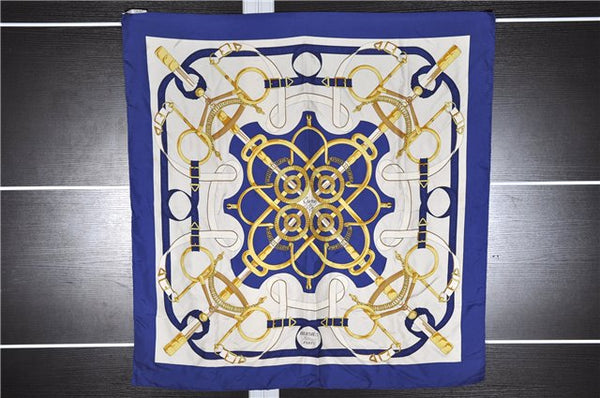 Authentic HERMES Carre 90 Scarf "Eperon d'or" Silk Blue K4584