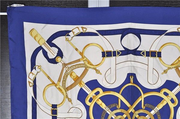 Authentic HERMES Carre 90 Scarf "Eperon d'or" Silk Blue K4584