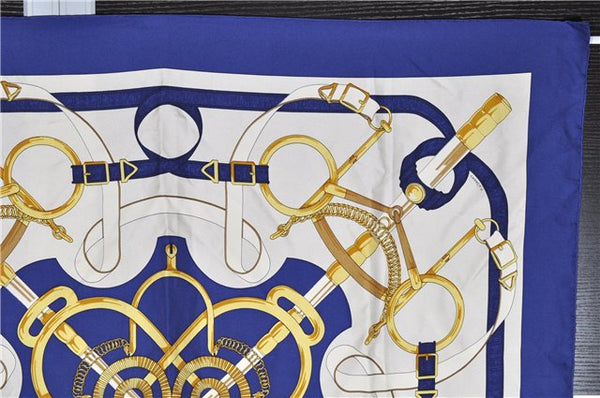 Authentic HERMES Carre 90 Scarf "Eperon d'or" Silk Blue K4584