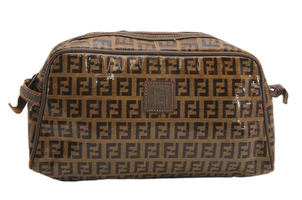 Authentic FENDI Zucchino Clutch Hand Bag Purse PVC Leather Brown K4604